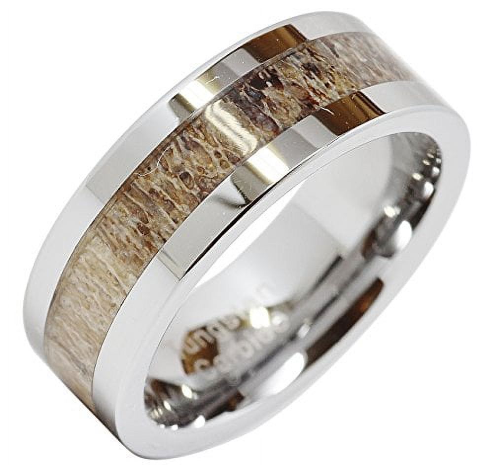 100S JEWELRY Mens Tungsten Ring Deer Antler Inlaid Wedding Band Hammer Flat Band Size 8-16